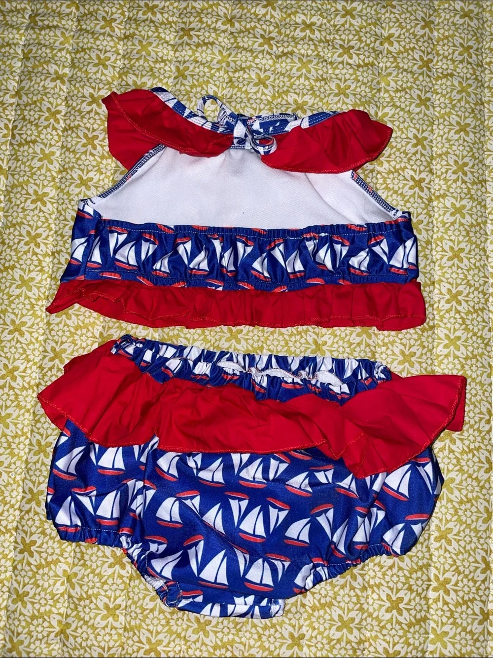 Girls' Red & Blue Sailboat Ruffle Bikini Set